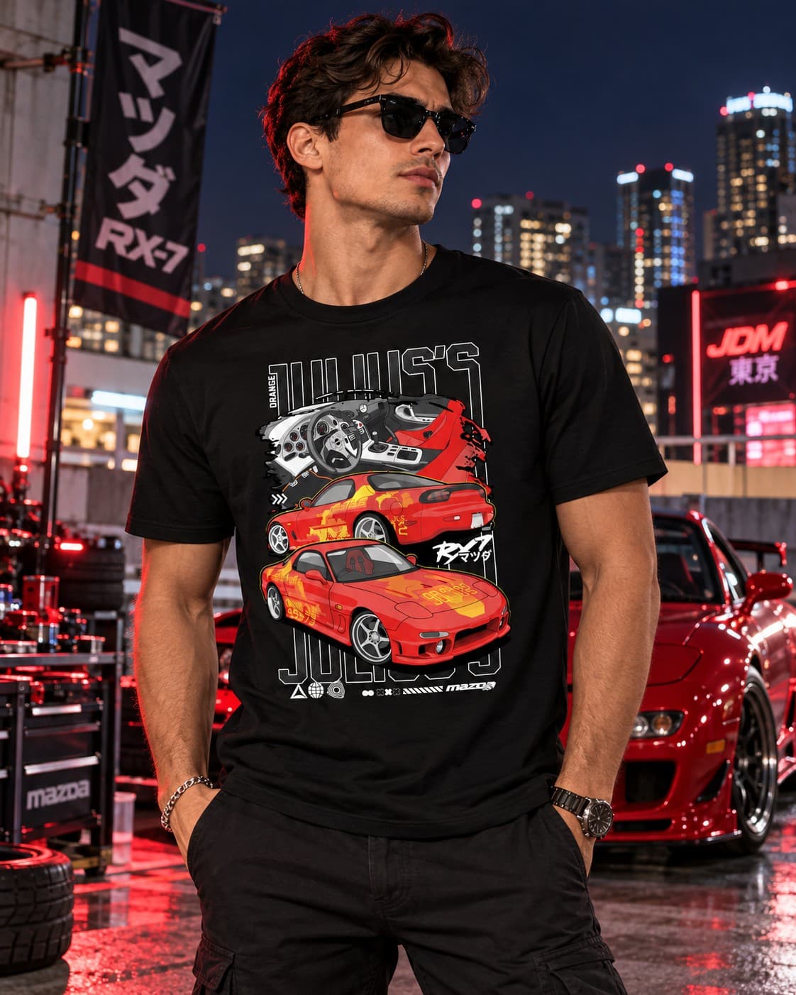 Mazda RX-7 JDM Araba Baskılı Siyah Regular Fit Tişört – Japon Spor Otomobil Temalı Unisex