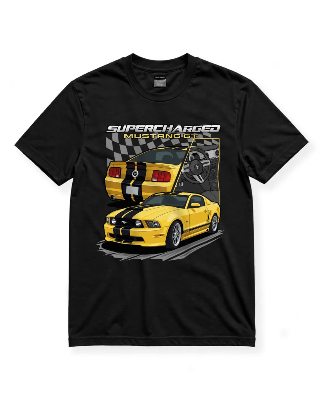 Ford Mustang GT Supercharged Araba Baskılı Siyah Regular Fit Tişört – Amerikan Muscle Car Temalı Unisex thumbnail 4