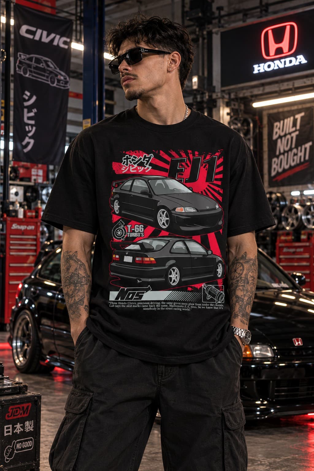 Civic EJ1 JDM Baskılı Siyah Tişört – Japon Araba Temalı Streetwear Unisex T-Shirt