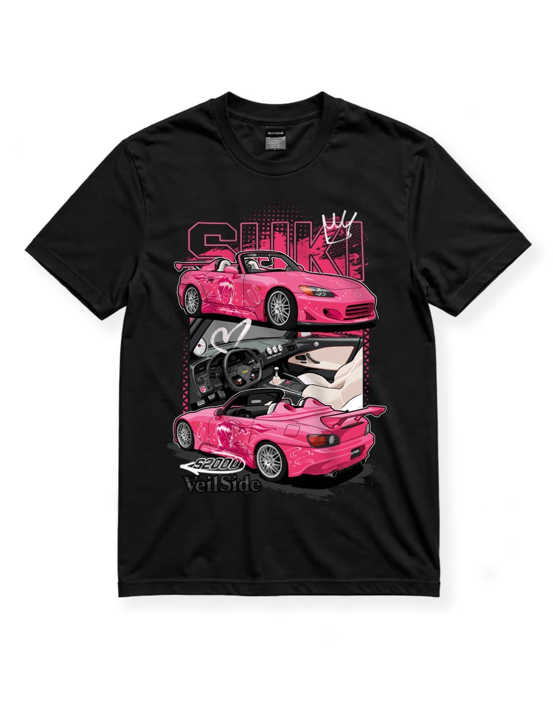 Honda S2000 Suki JDM Araba Baskılı Siyah Tişört – Pembe Japon Spor Otomobil Temalı Unisex thumbnail 4