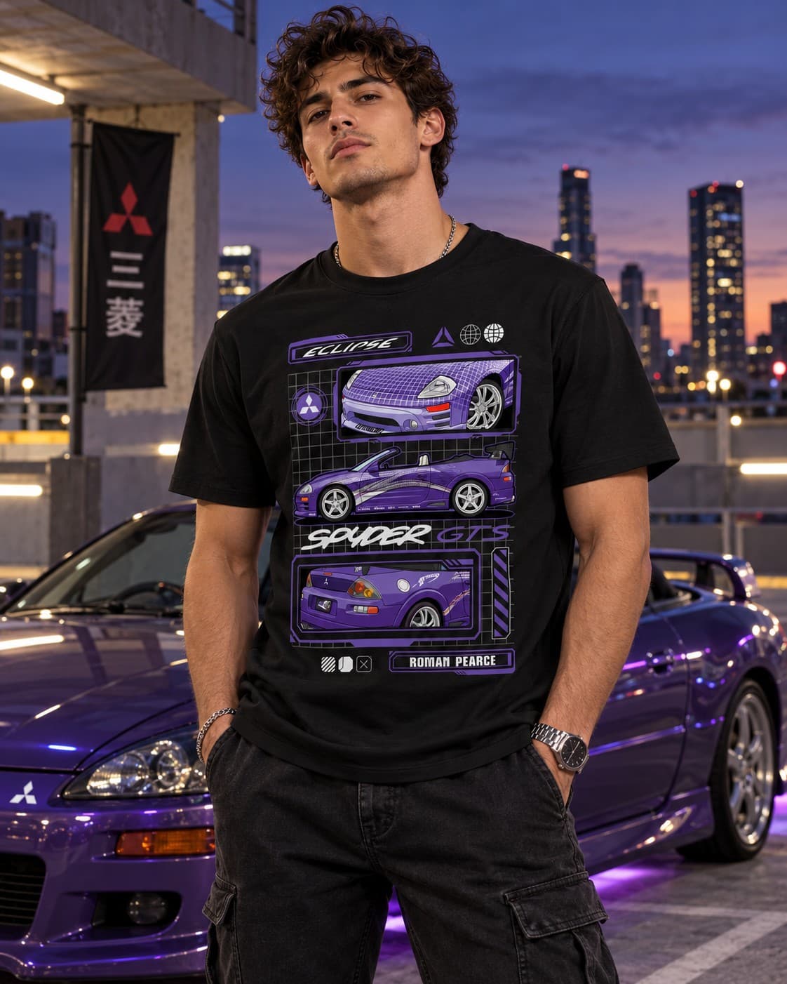 Mitsubishi Eclipse Spyder GTS JDM Araba Baskılı Siyah Regular Fit Tişört – Mor Spor Otomobil Temalı Unisex