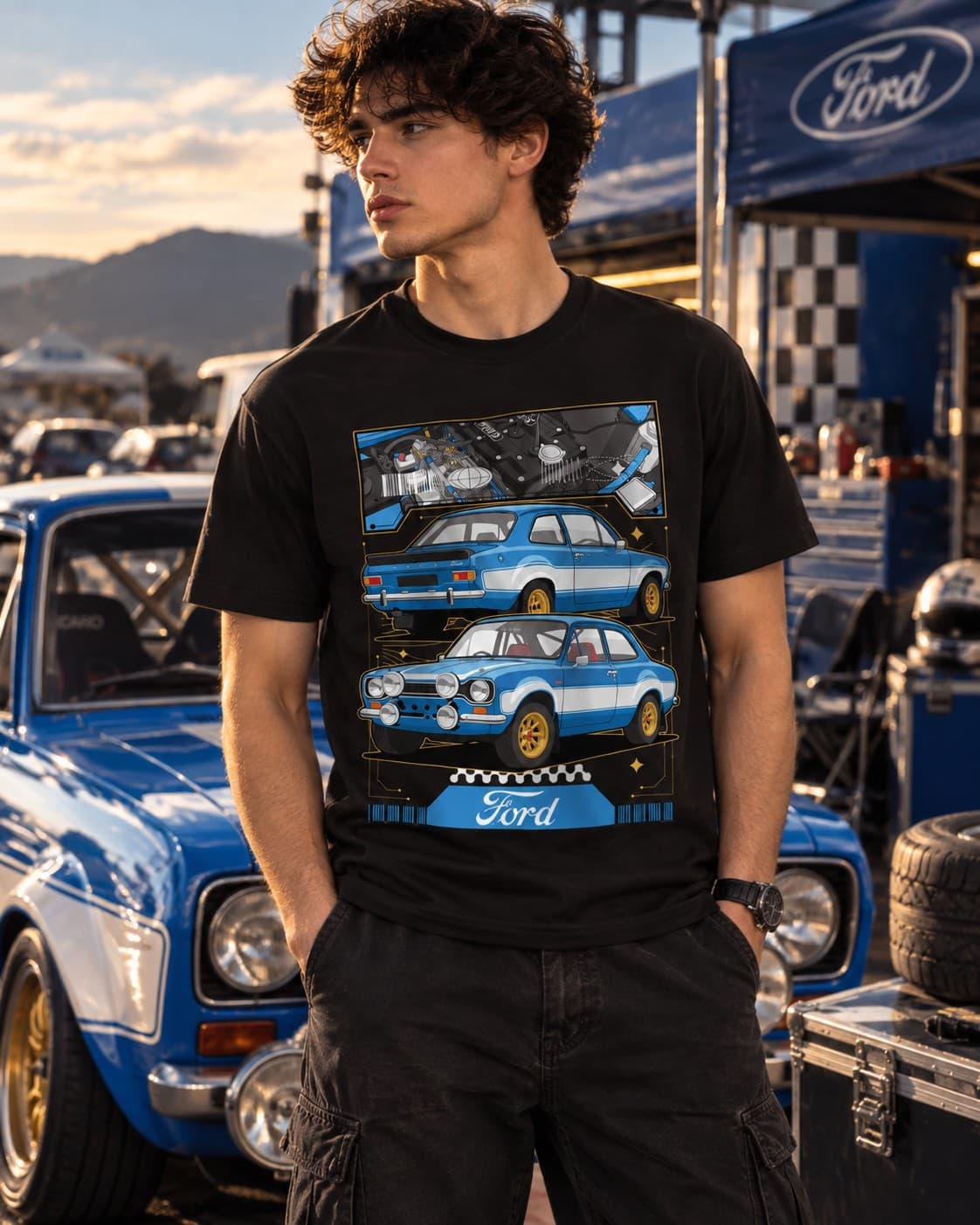 Ford Escort Klasik Ralli Araba Baskılı Siyah Regular Fit Tişört – Retro Otomobil Temalı Unisex