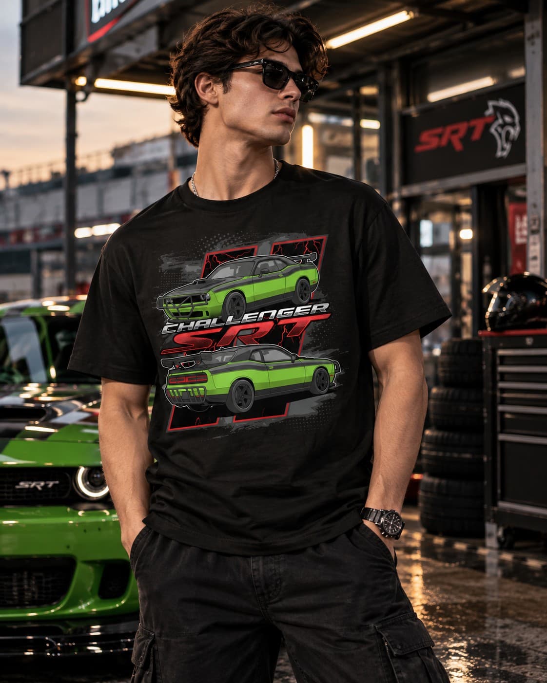 Dodge Challenger SRT Araba Baskılı Siyah Regular Fit Tişört – Muscle Car Temalı Unisex