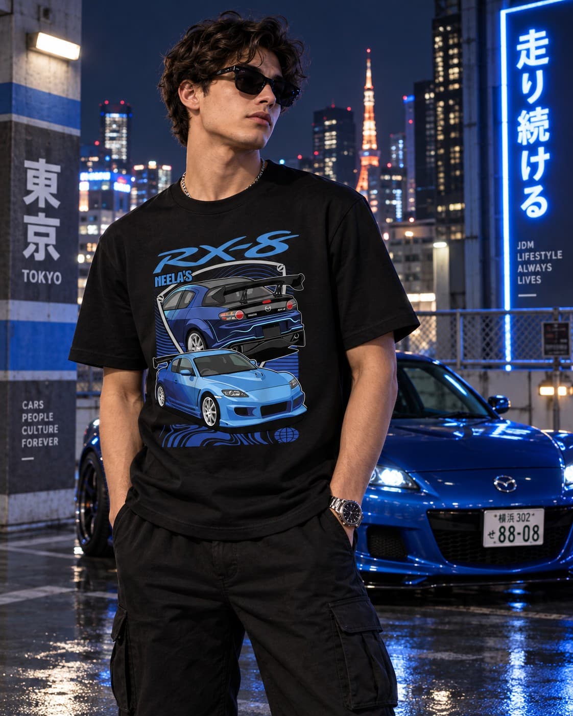 Mazda RX-8 JDM Araba Baskılı Siyah Regular Fit Tişört – Japon Spor Otomobil Temalı Unisex