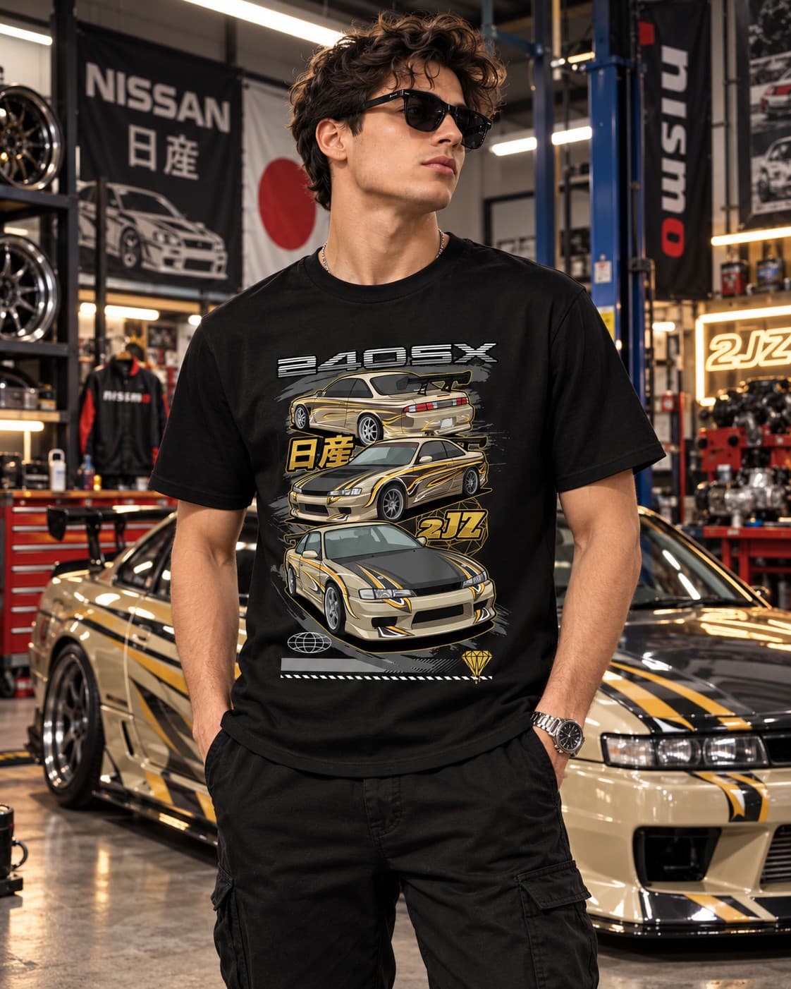 Nissan 240SX JDM 2JZ Araba Baskılı Siyah Regular Fit Tişört – Japon Spor Otomobil Temalı Unisex