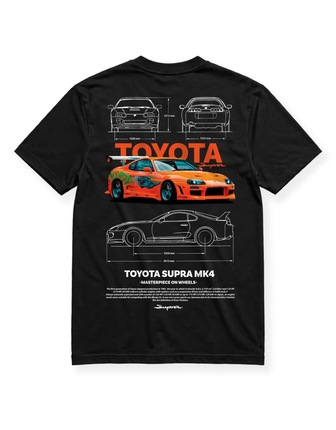 Toyota Supra MK4 JDM Araba Baskılı Siyah Tişört – Japon Spor Otomobil Temalı Unisex Streetwear thumbnail 3