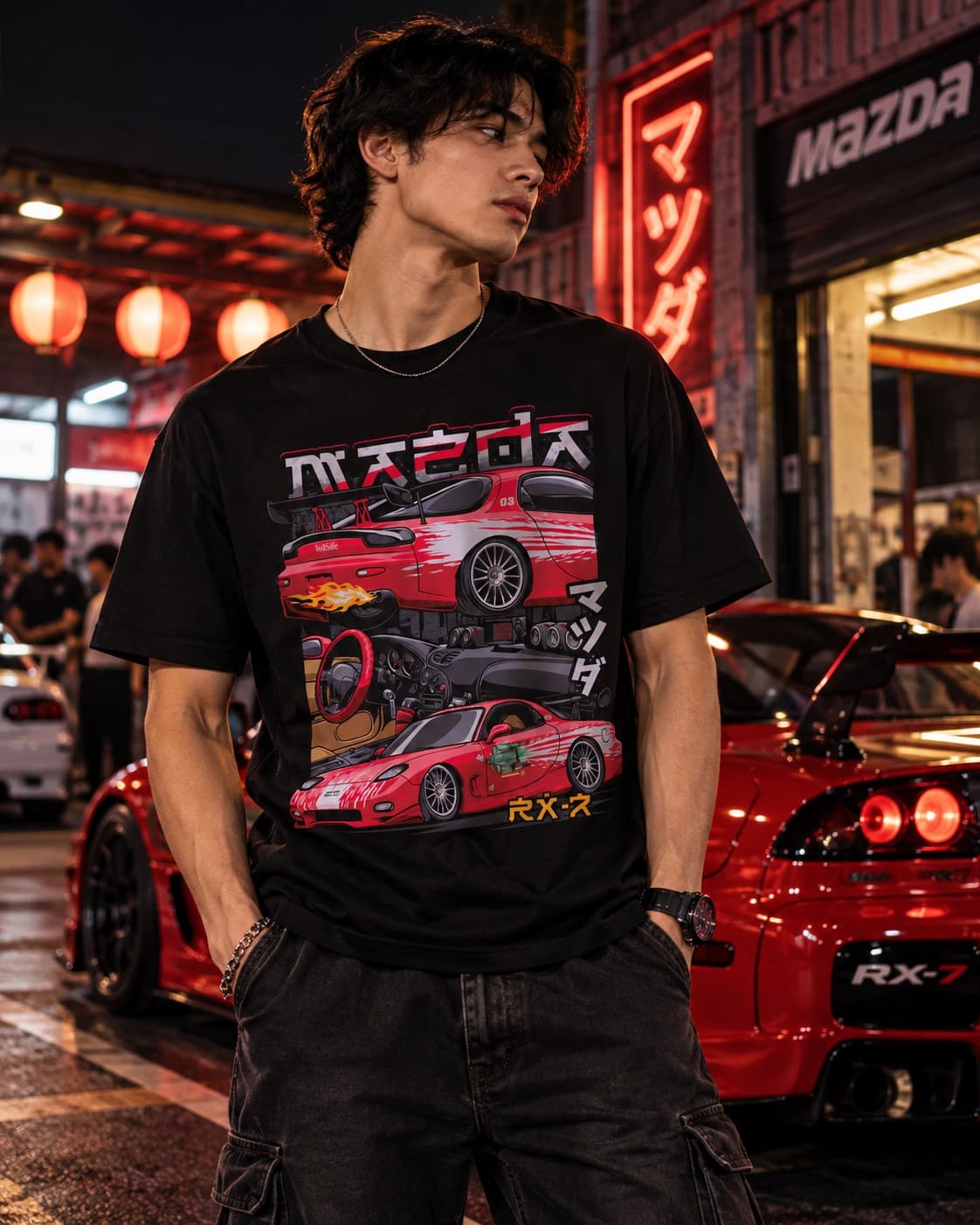 Mazda RX-7 JDM Araba Baskılı Siyah Regular Fit Tişört – Japon Spor Otomobil Temalı Unisex