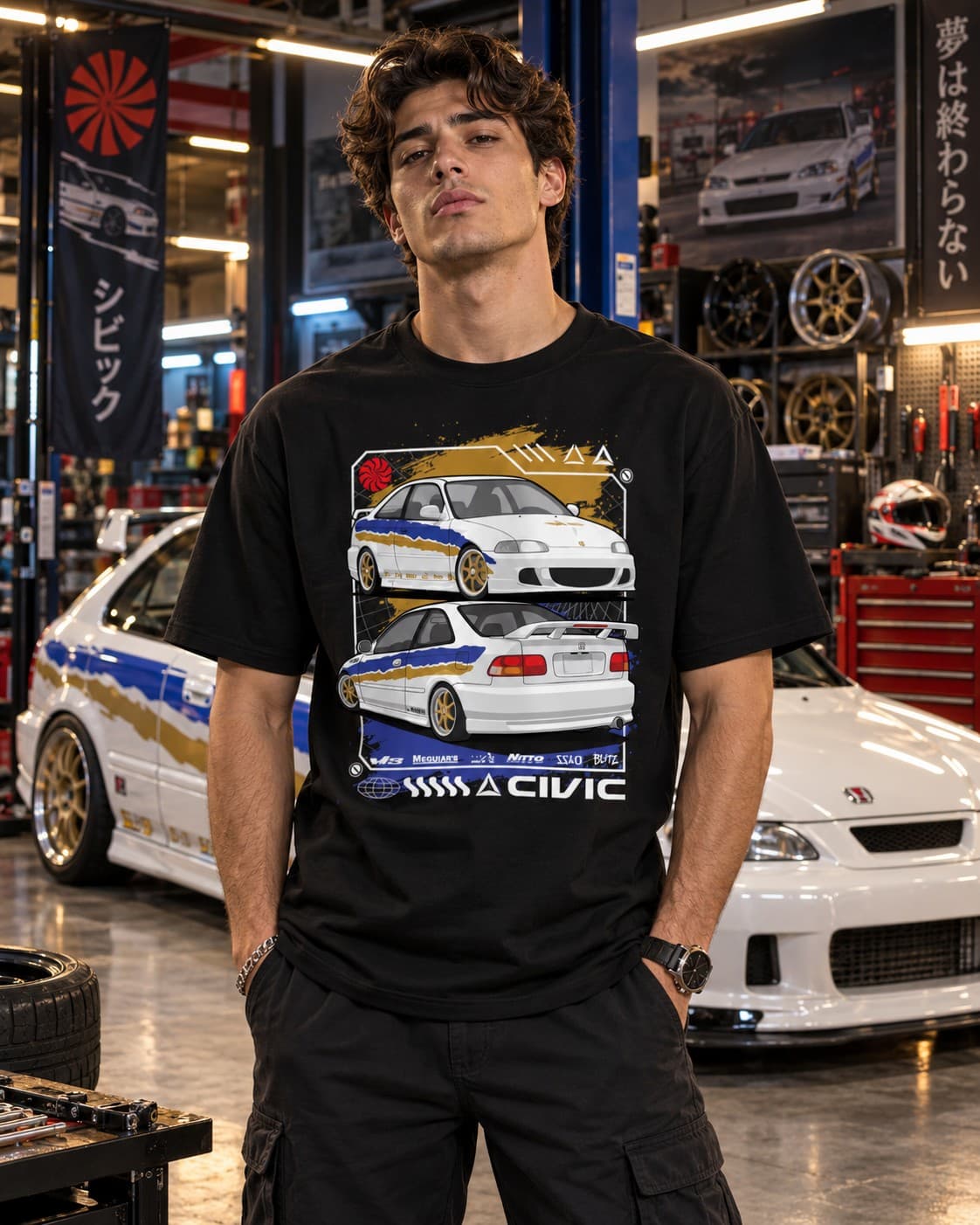 Civic JDM Araba Baskılı Siyah Tişört – Japon Otomobil Temalı Streetwear