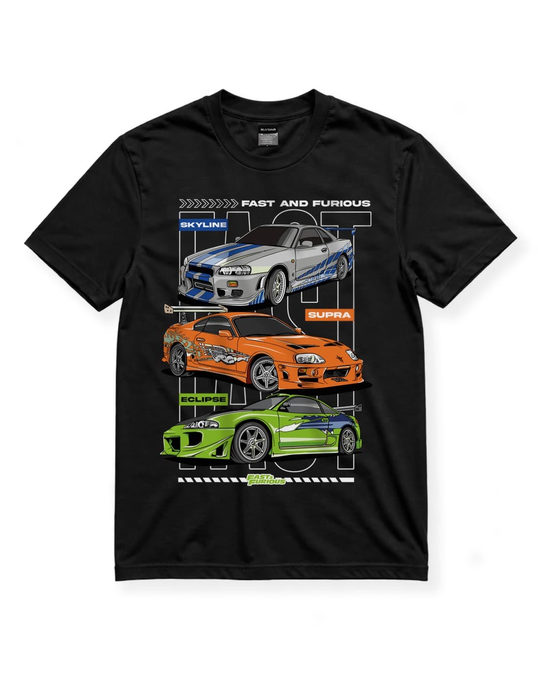 Fast & Furious JDM Araba Baskılı Siyah Tişört – Skyline Supra Eclipse Temalı Unisex Streetwear thumbnail 4