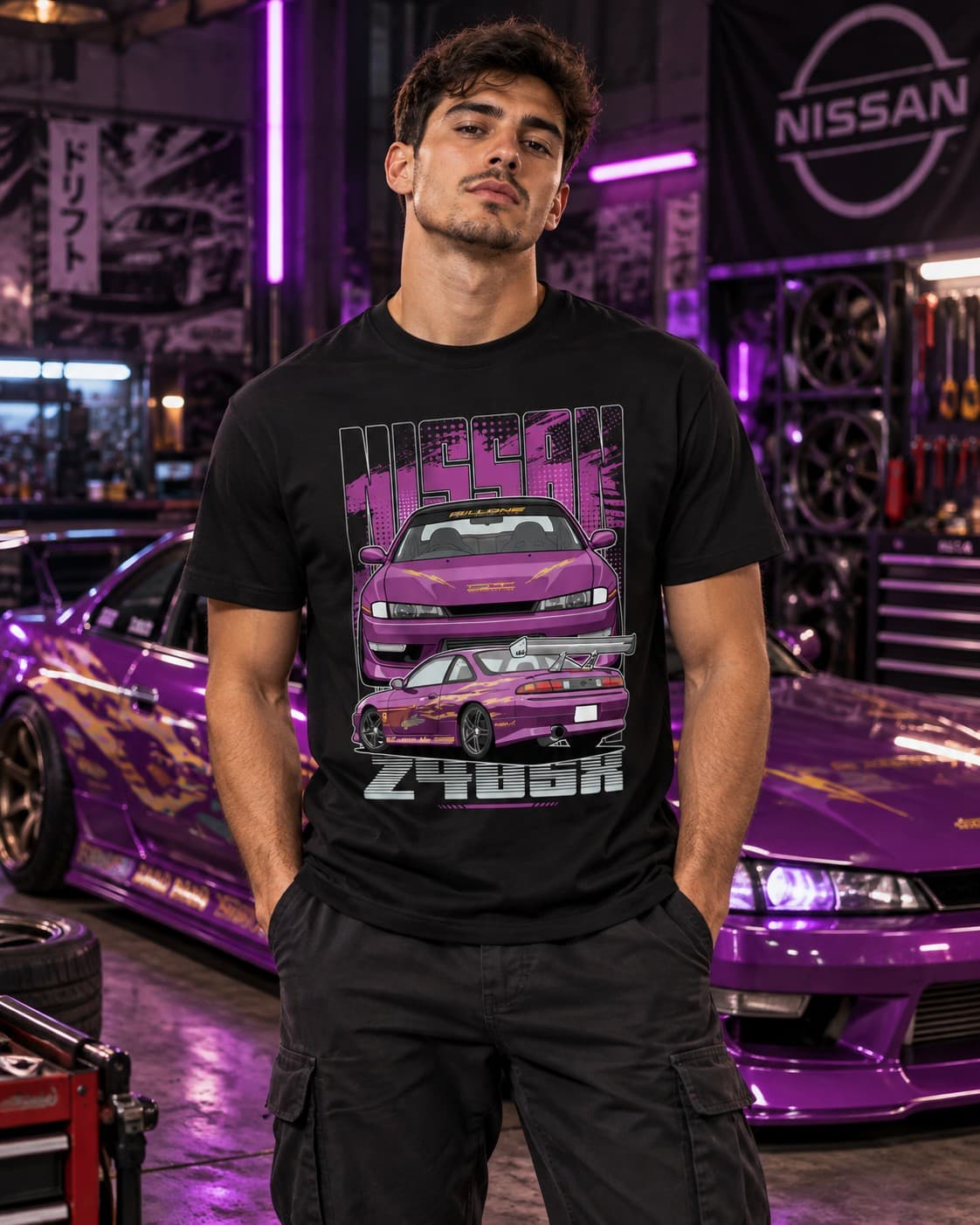 Nissan 240SX JDM Araba Baskılı Siyah Regular Fit Tişört – Mor Japon Drift Otomobil Temalı Unisex