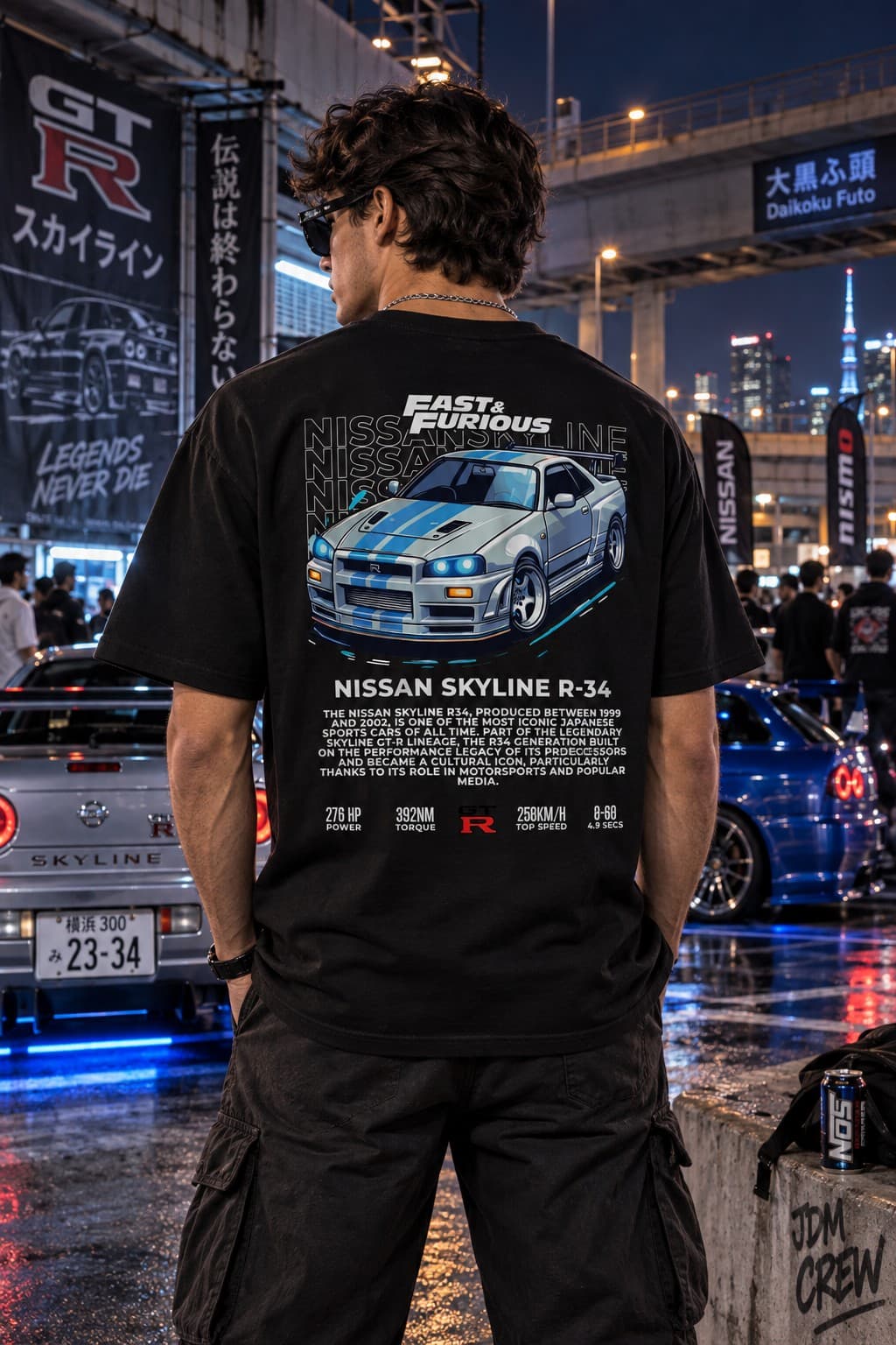Nissan Skyline R34 GT-R JDM Araba Baskılı Siyah Tişört – Japon Spor Otomobil Temalı Unisex Streetwear