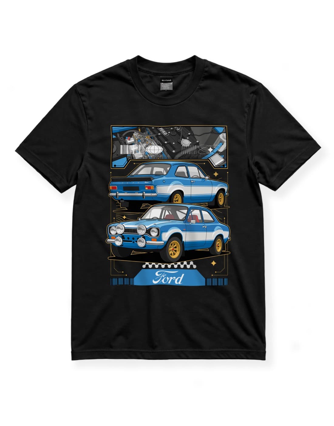 Ford Escort Klasik Ralli Araba Baskılı Siyah Regular Fit Tişört – Retro Otomobil Temalı Unisex thumbnail 4