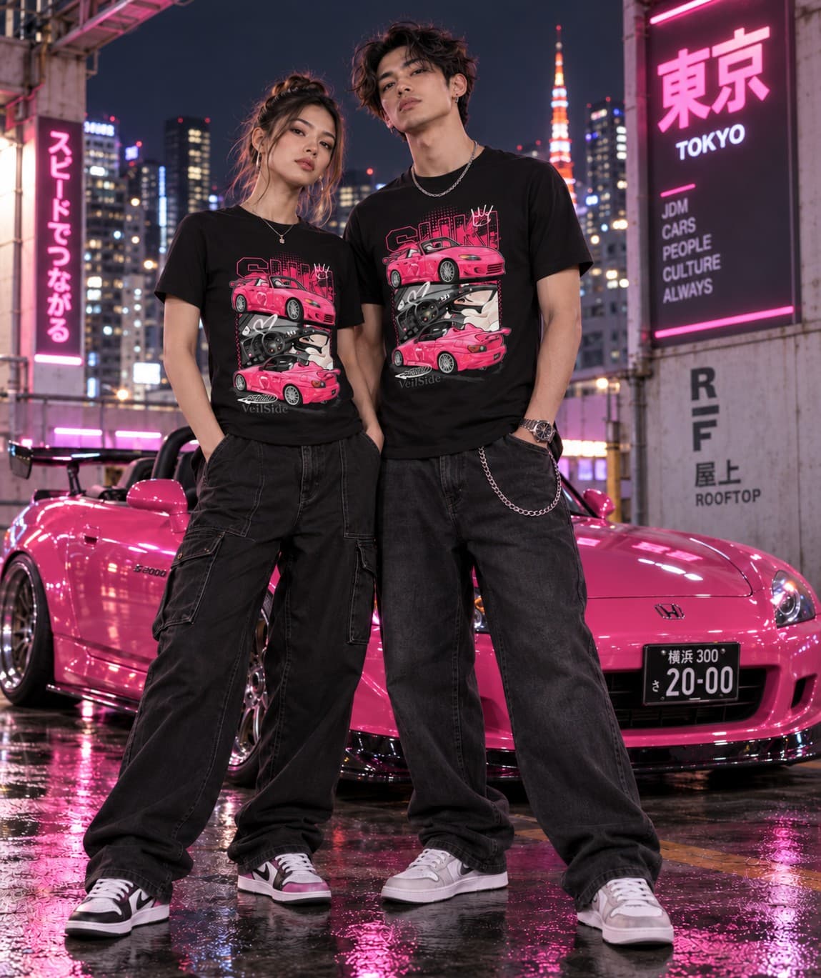 Honda S2000 Suki JDM Araba Baskılı Siyah Tişört – Pembe Japon Spor Otomobil Temalı Unisex