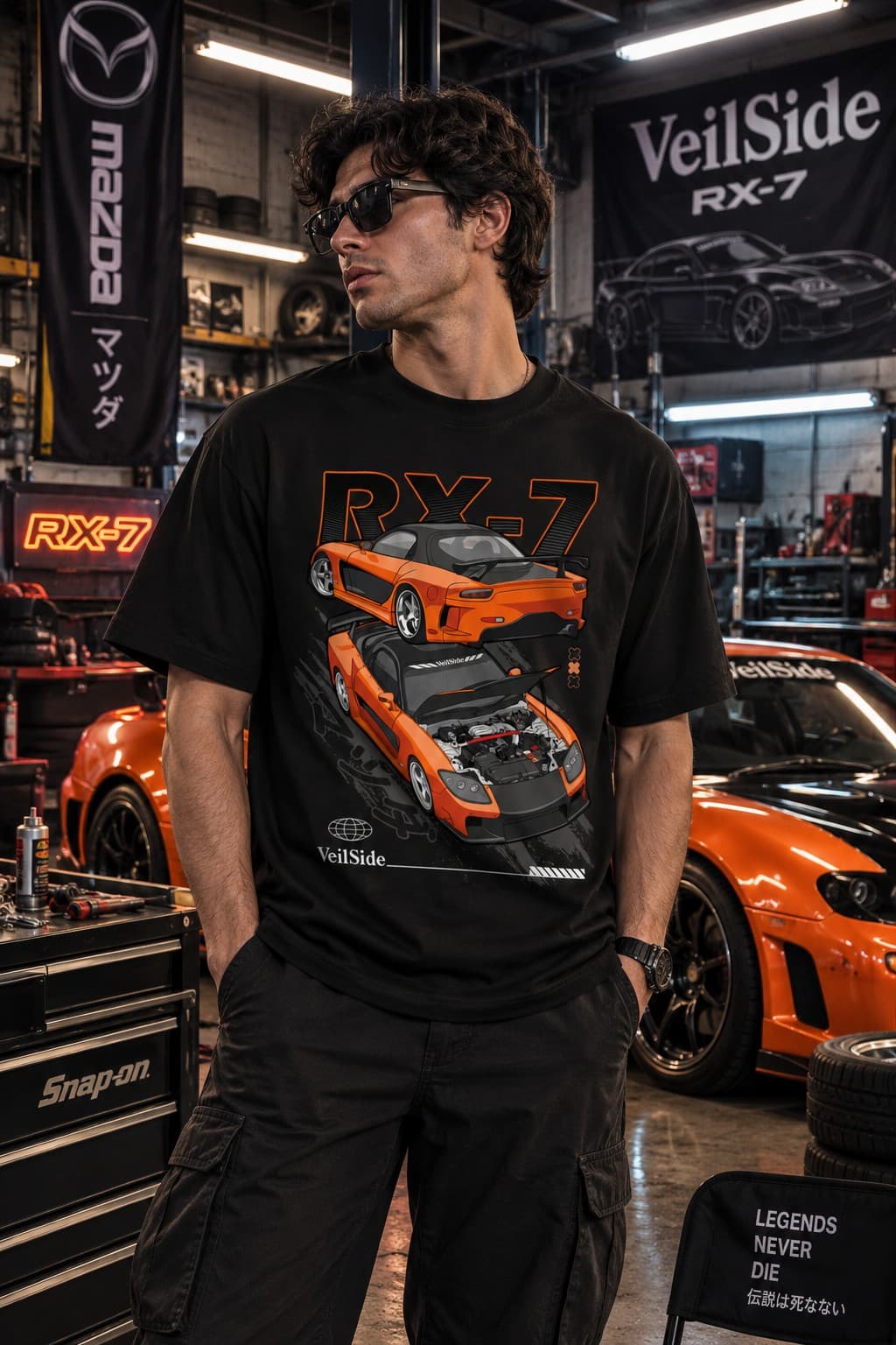 Mazda RX-7 JDM Araba Baskılı Siyah Tişört – Japon Spor Otomobil Temalı Unisex Streetwear