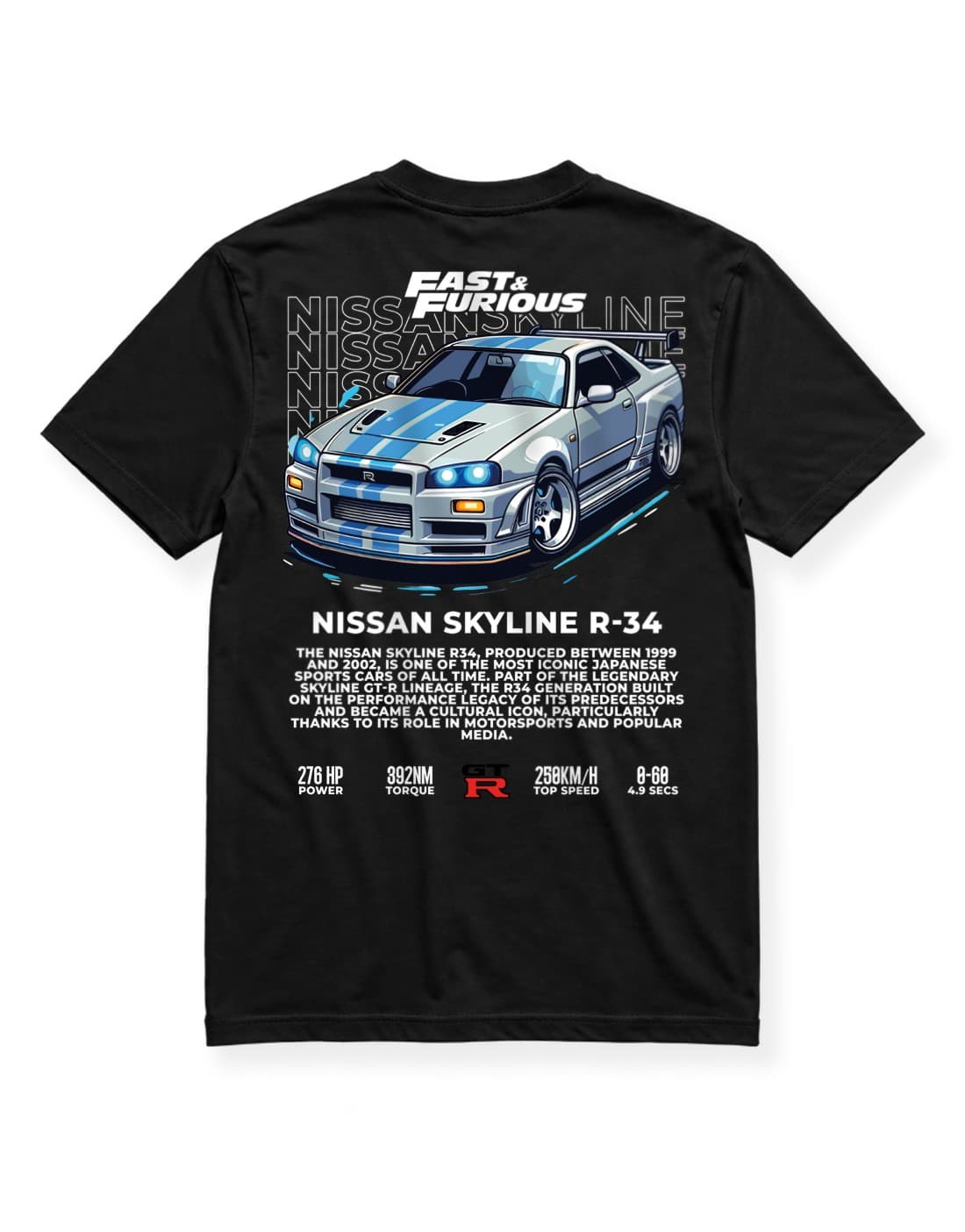 Nissan Skyline R34 GT-R JDM Araba Baskılı Siyah Tişört – Japon Spor Otomobil Temalı Unisex Streetwear thumbnail 2