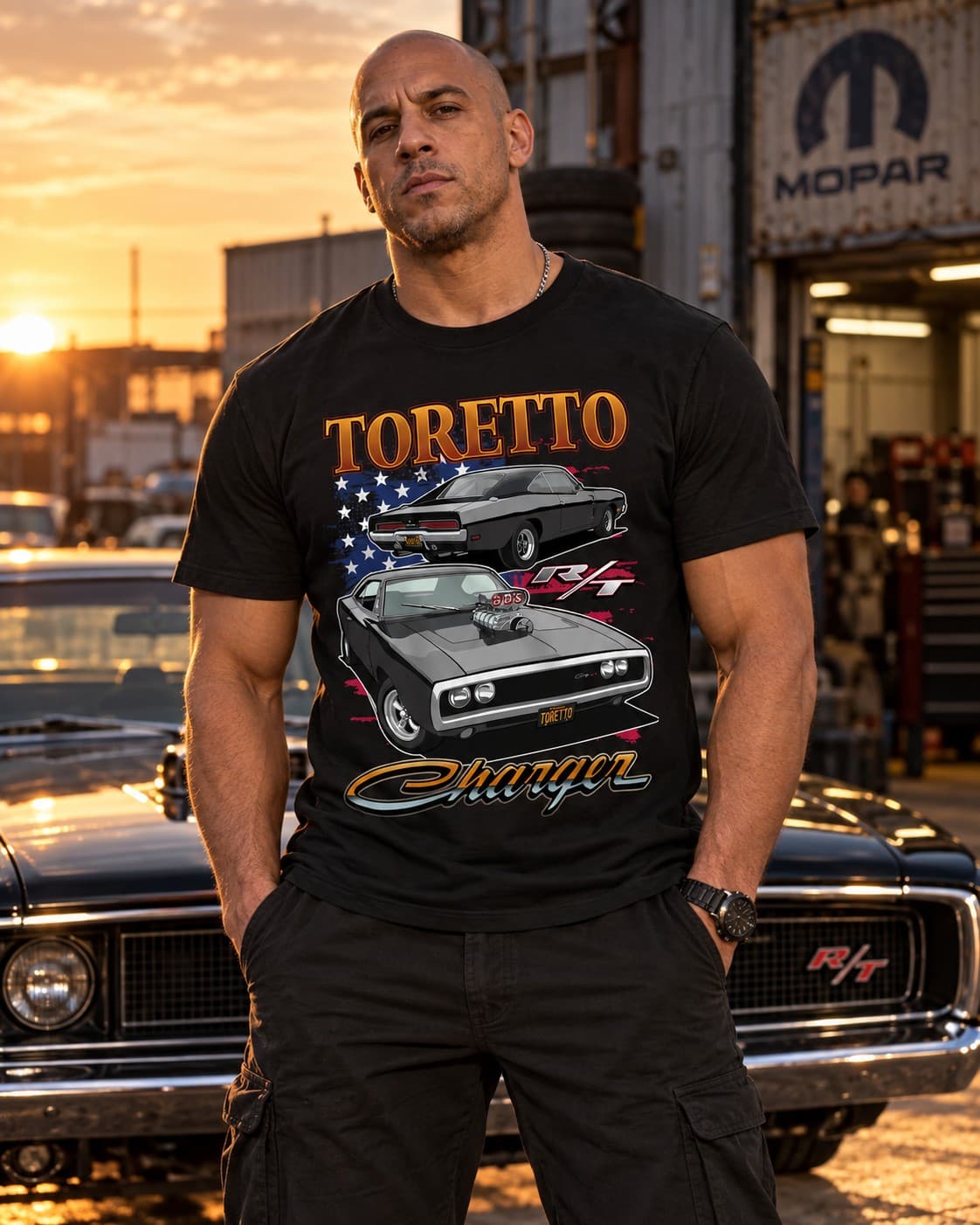 Dodge Charger R/T Toretto Araba Baskılı Siyah Regular Fit Tişört – Amerikan Muscle Car Temalı Unisex