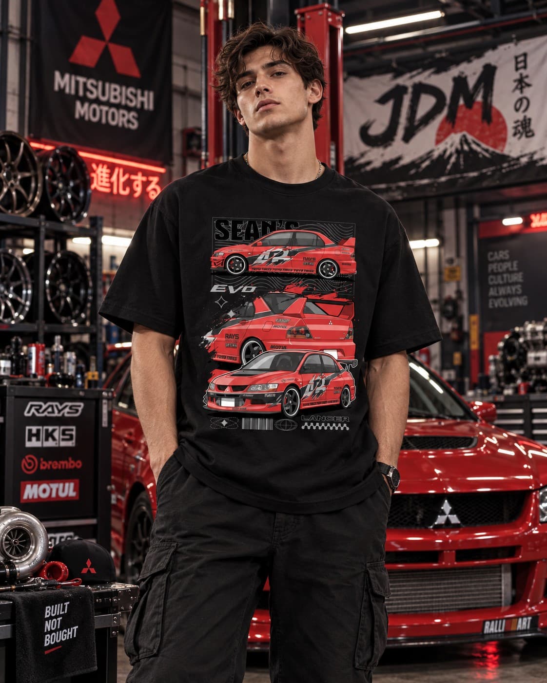 Mitsubishi Lancer Evolution JDM Araba Baskılı Siyah Regular Fit Tişört – Japon Spor Otomobil Temalı