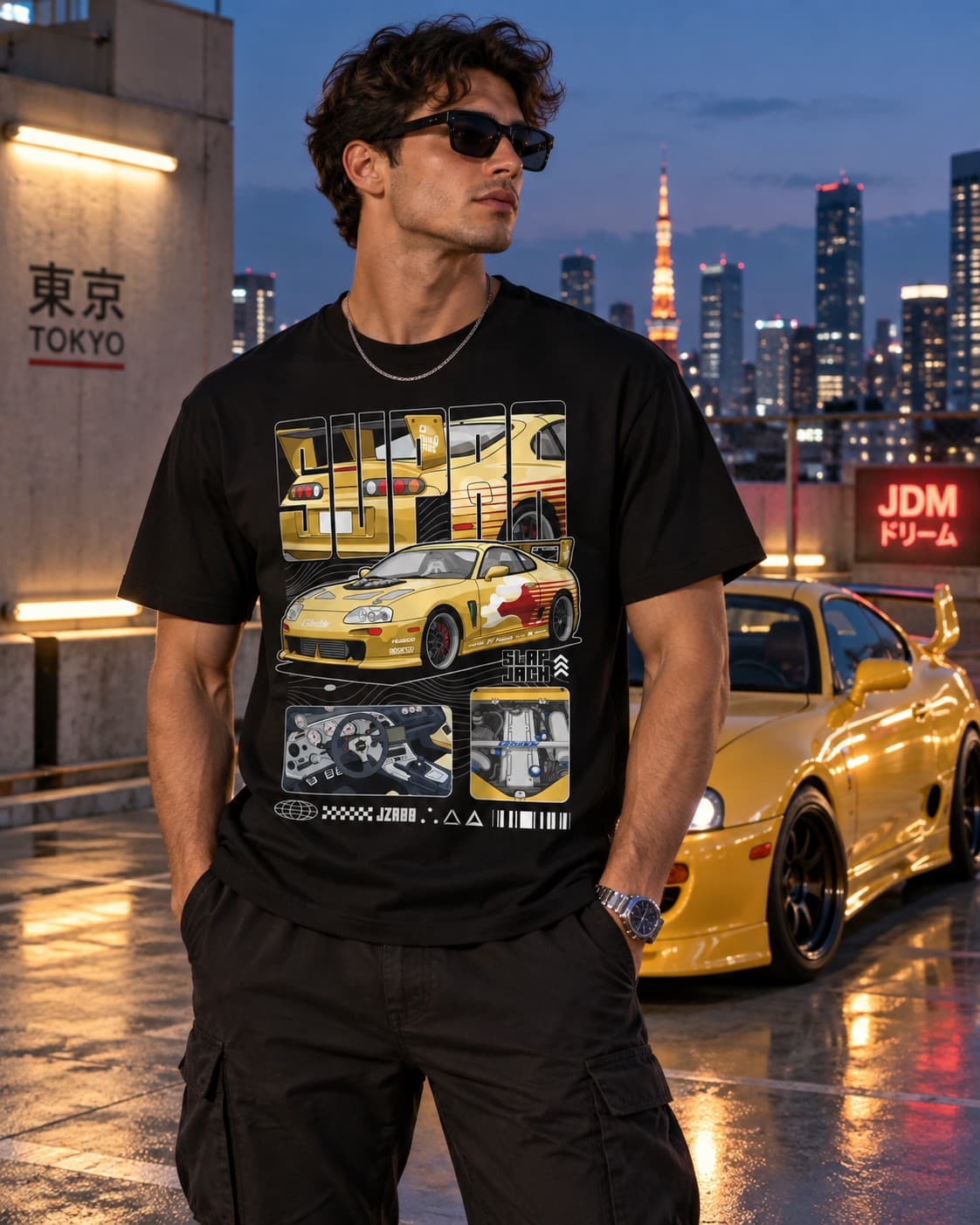 Supra Tasarımlı JDM Siyah Unisex Tişört – Regular Fit Araba Baskılı Streetwear
