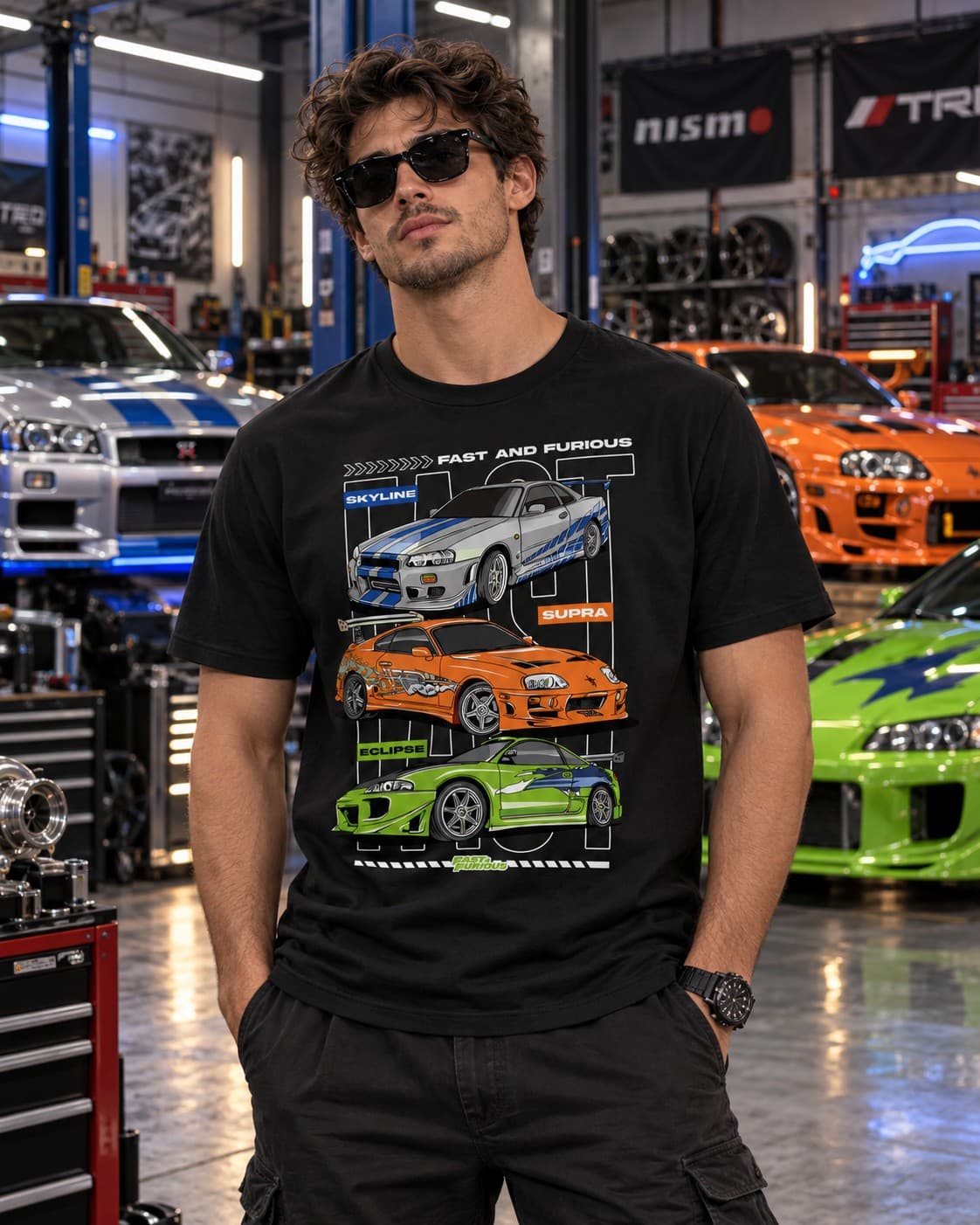 Fast & Furious JDM Araba Baskılı Siyah Tişört – Skyline Supra Eclipse Temalı Unisex Streetwear