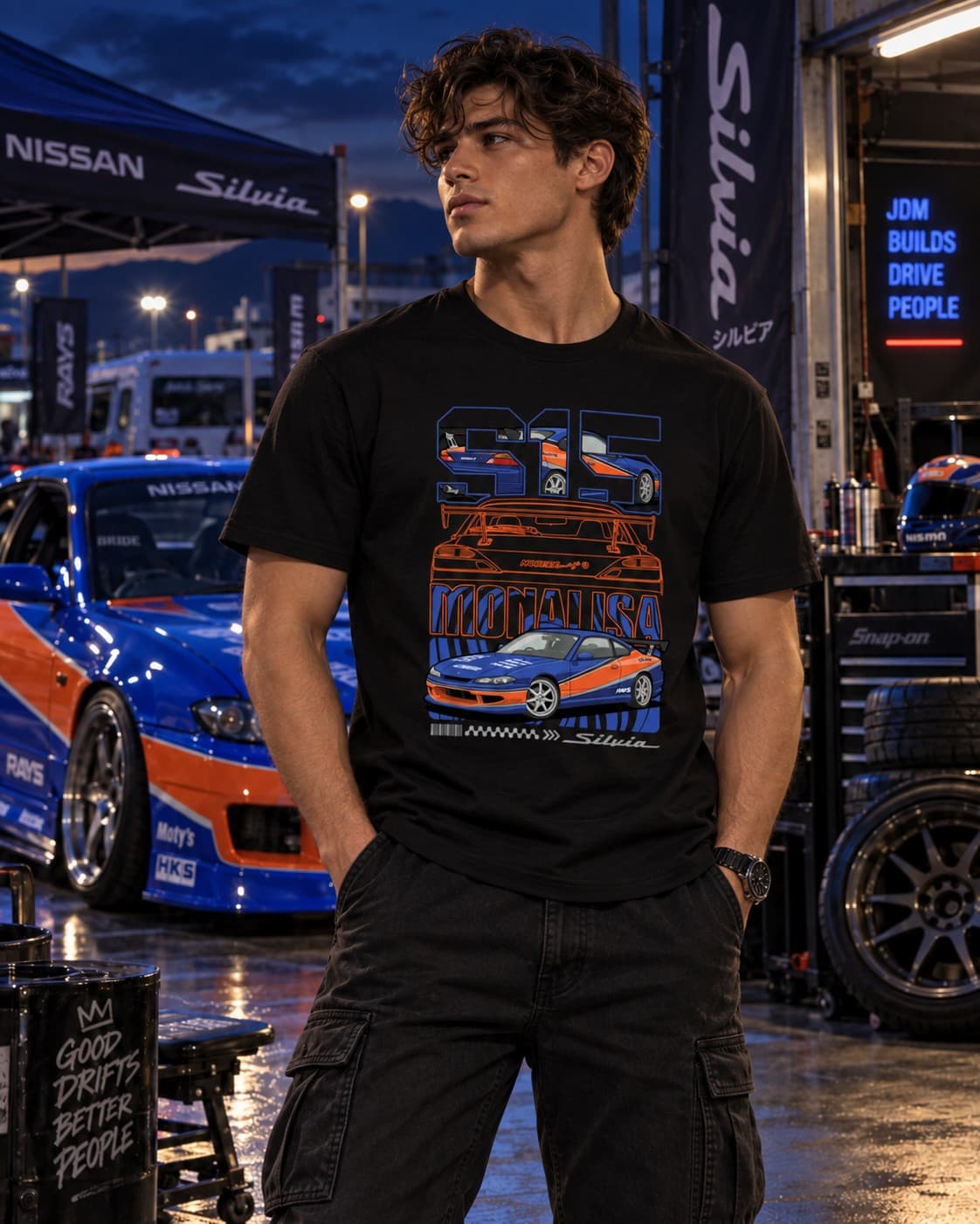 Nissan Silvia S15 Monalisa JDM Araba Baskılı Siyah Tişört – Drift Tuning Temalı Unisex Tshirt