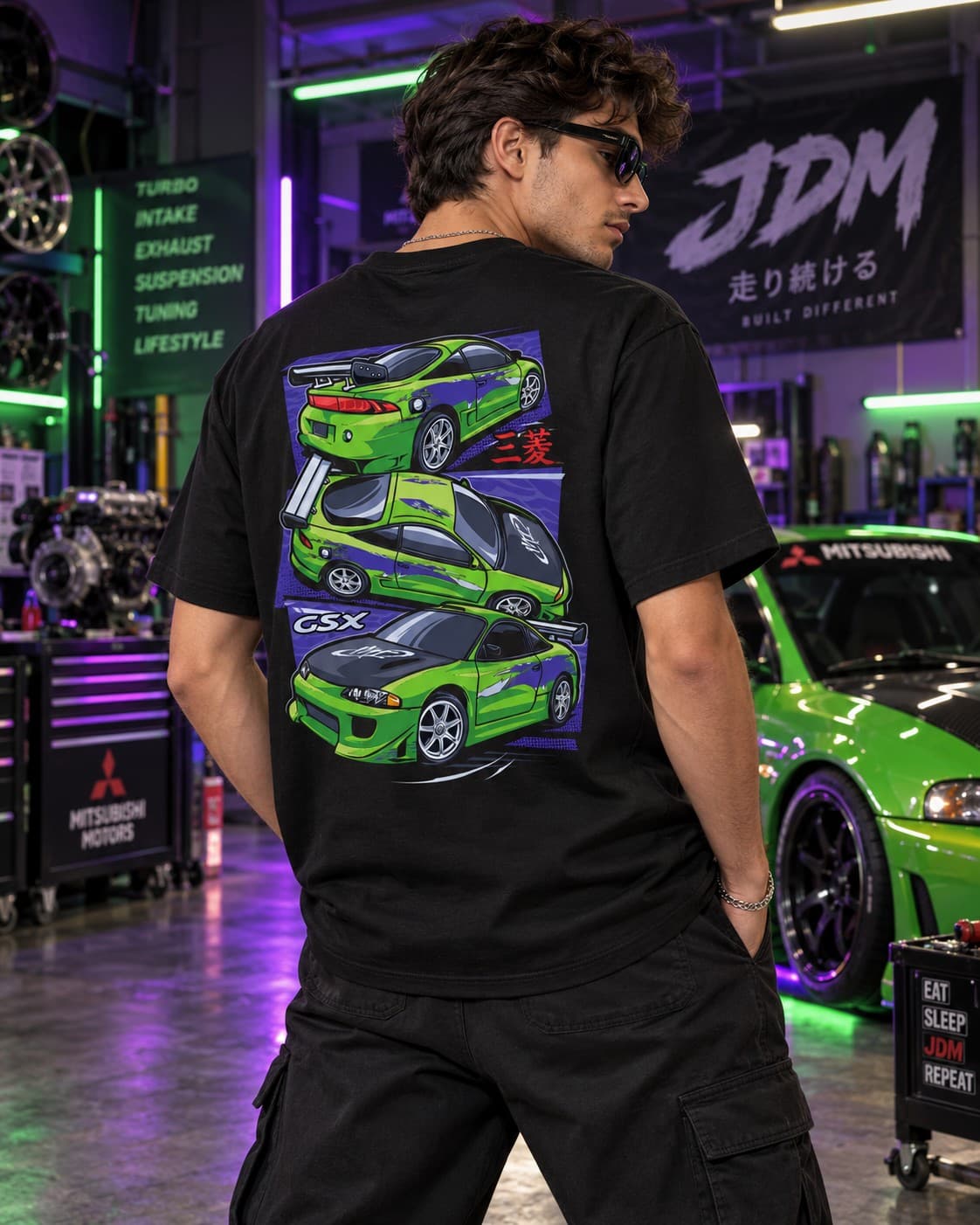 Mitsubishi Eclipse GSX JDM Araba Baskılı Siyah Tişört – Japon Spor Otomobil Temalı Unisex Streetwear