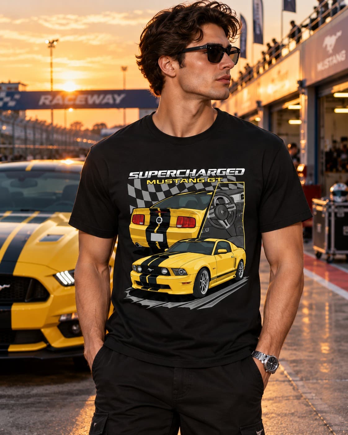 Ford Mustang GT Supercharged Araba Baskılı Siyah Regular Fit Tişört – Amerikan Muscle Car Temalı Unisex